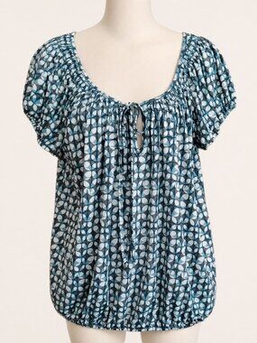 Max Edition Size Large Teal Geometric Print Peasant Blouse Top stretch Large